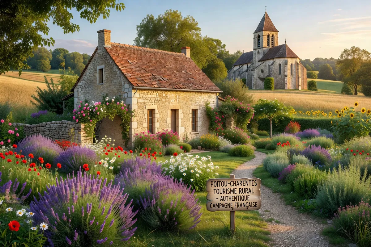 Tourisme rural en Poitou-Charentes, ferme en pierre et église médiévale