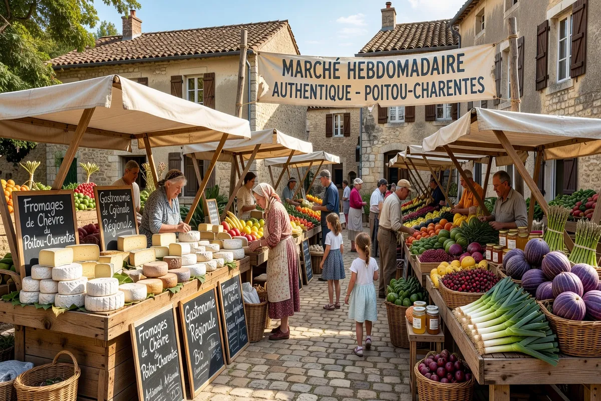 Marché local dans un village rural du Poitou, fromages de chèvre et produits régionaux